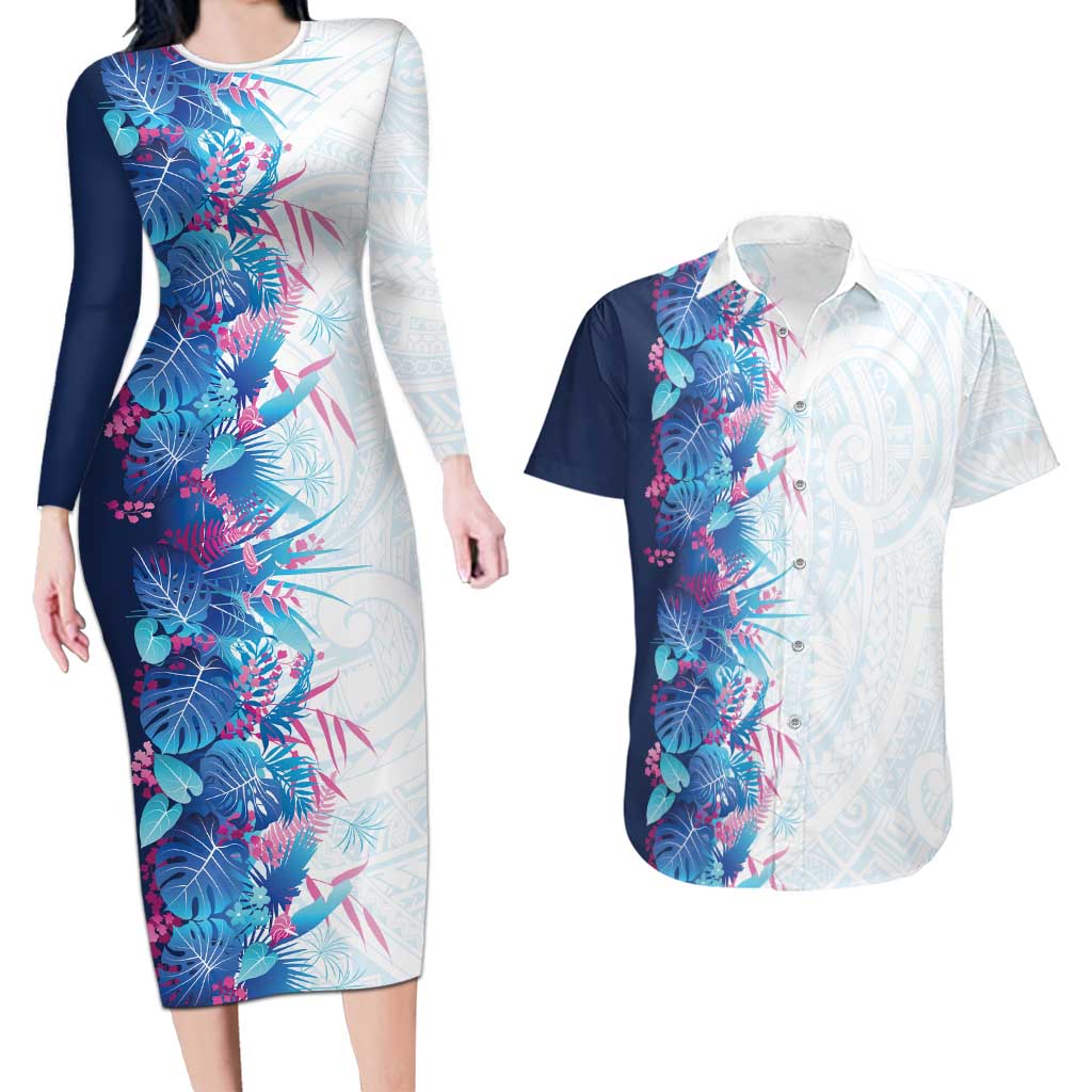 Hawaii Tropical Plant UliUli Couples Matching Long Sleeve Bodycon Dress and Hawaiian Shirt Vibrant Polynesian Pattern LT01 Blue - Polynesian Pride