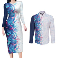 Hawaii Tropical Plant UliUli Couples Matching Long Sleeve Bodycon Dress and Long Sleeve Button Shirt Vibrant Polynesian Pattern LT01 Blue - Polynesian Pride