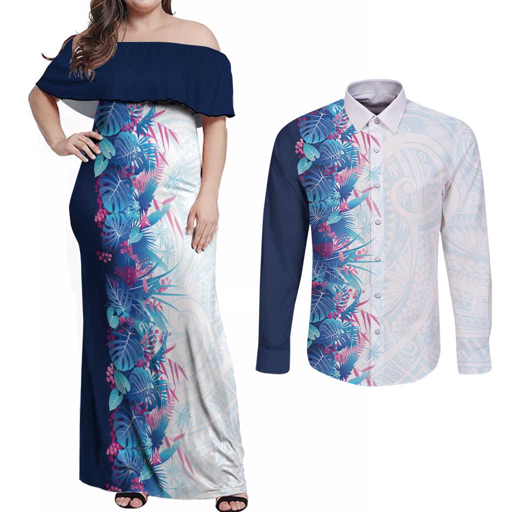 Hawaii Tropical Plant UliUli Couples Matching Off Shoulder Maxi Dress and Long Sleeve Button Shirt Vibrant Polynesian Pattern LT01 Blue - Polynesian Pride