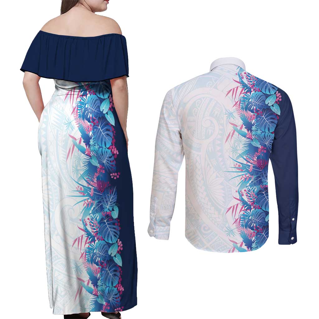 Hawaii Tropical Plant UliUli Couples Matching Off Shoulder Maxi Dress and Long Sleeve Button Shirt Vibrant Polynesian Pattern LT01 - Polynesian Pride