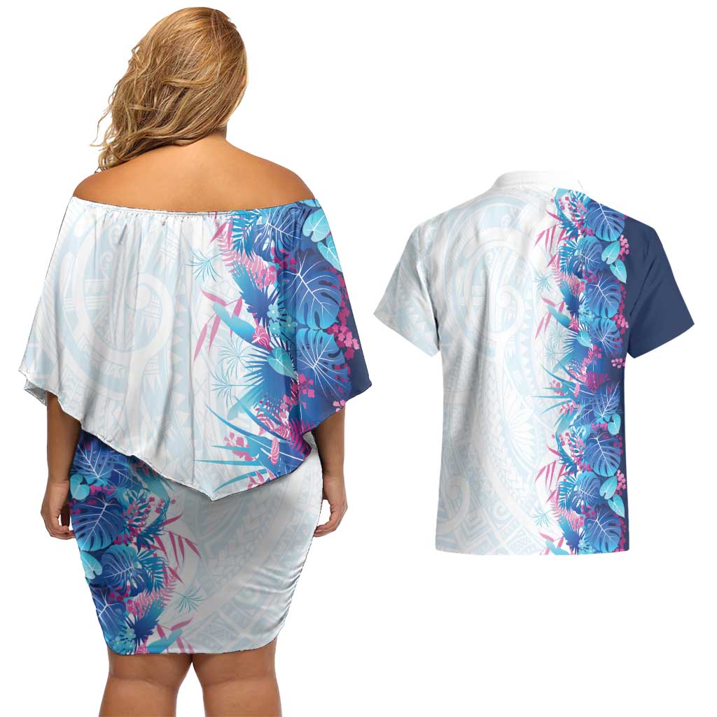 Hawaii Tropical Plant UliUli Couples Matching Off Shoulder Short Dress and Hawaiian Shirt Vibrant Polynesian Pattern