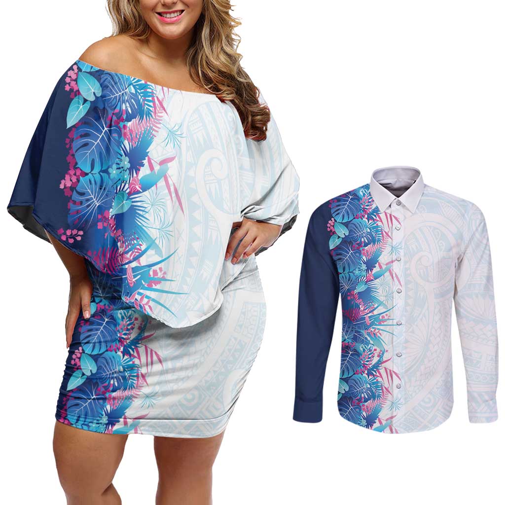 Hawaii Tropical Plant UliUli Couples Matching Off Shoulder Short Dress and Long Sleeve Button Shirt Vibrant Polynesian Pattern LT01 Blue - Polynesian Pride