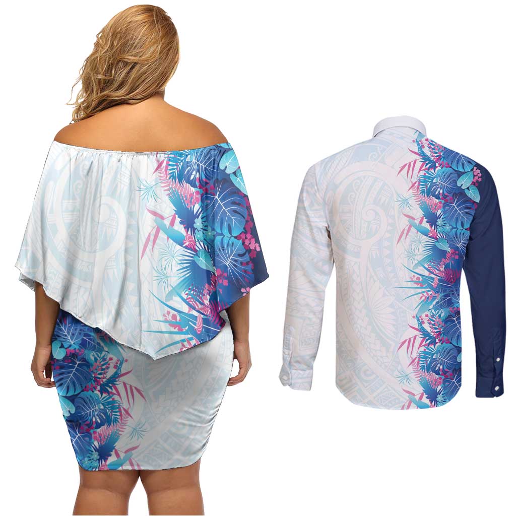 Hawaii Tropical Plant UliUli Couples Matching Off Shoulder Short Dress and Long Sleeve Button Shirt Vibrant Polynesian Pattern LT01 - Polynesian Pride