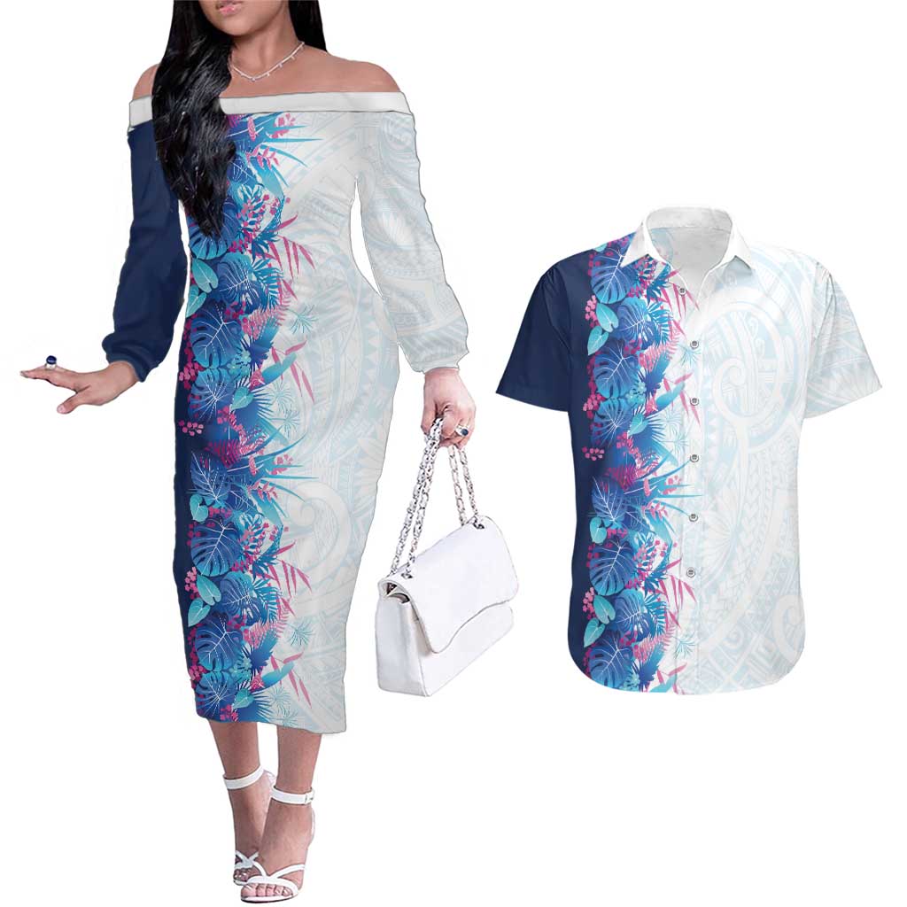 Hawaii Tropical Plant UliUli Couples Matching Off The Shoulder Long Sleeve Dress and Hawaiian Shirt Vibrant Polynesian Pattern LT01 Blue - Polynesian Pride