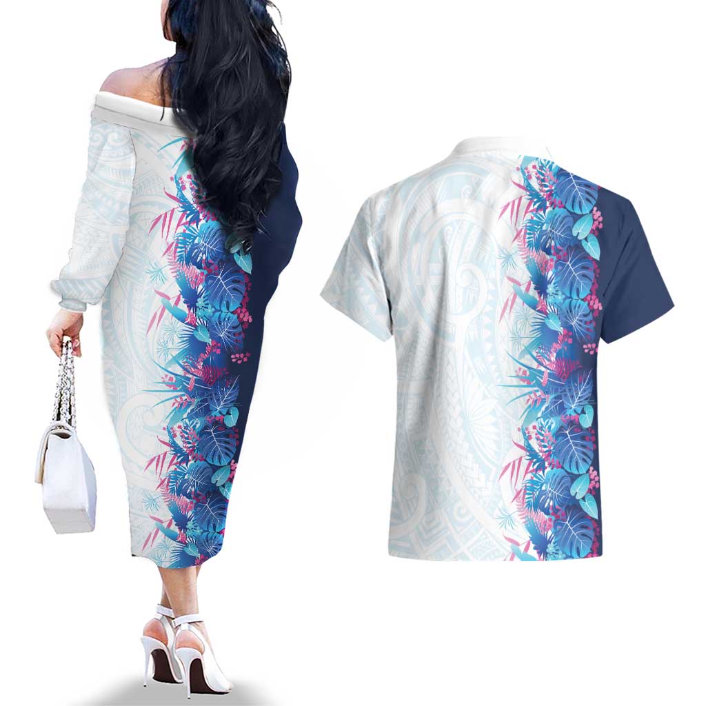 Hawaii Tropical Plant UliUli Couples Matching Off The Shoulder Long Sleeve Dress and Hawaiian Shirt Vibrant Polynesian Pattern LT01 - Polynesian Pride