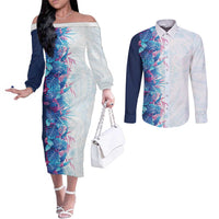 Hawaii Tropical Plant UliUli Couples Matching Off The Shoulder Long Sleeve Dress and Long Sleeve Button Shirt Vibrant Polynesian Pattern LT01 Blue - Polynesian Pride