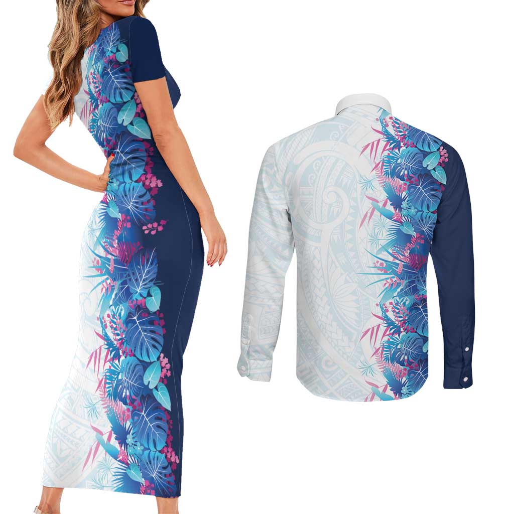 Hawaii Tropical Plant UliUli Couples Matching Short Sleeve Bodycon Dress and Long Sleeve Button Shirt Vibrant Polynesian Pattern LT01 - Polynesian Pride