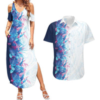 Hawaii Tropical Plant UliUli Couples Matching Summer Maxi Dress and Hawaiian Shirt Vibrant Polynesian Pattern LT01 Blue - Polynesian Pride