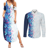 Hawaii Tropical Plant UliUli Couples Matching Summer Maxi Dress and Long Sleeve Button Shirt Vibrant Polynesian Pattern LT01 Blue - Polynesian Pride