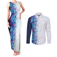 Hawaii Tropical Plant UliUli Couples Matching Tank Maxi Dress and Long Sleeve Button Shirt Vibrant Polynesian Pattern LT01 Blue - Polynesian Pride