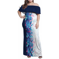 Hawaii Tropical Plant UliUli Family Matching Off Shoulder Maxi Dress and Hawaiian Shirt Vibrant Polynesian Pattern LT01 Mom's Dress Blue - Polynesian Pride