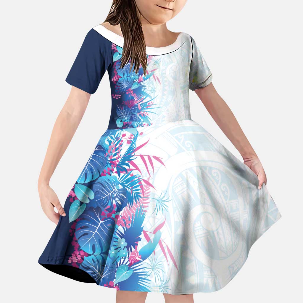 Hawaii Tropical Plant UliUli Family Matching Puletasi and Hawaiian Shirt Vibrant Polynesian Pattern LT01 Daughter's Dress Blue - Polynesian Pride
