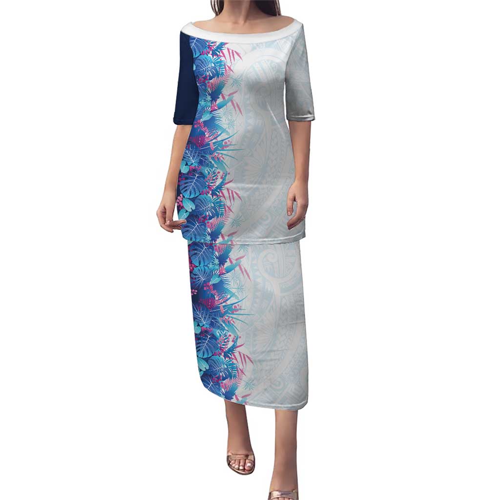 Hawaii Tropical Plant UliUli Family Matching Puletasi and Hawaiian Shirt Vibrant Polynesian Pattern LT01 Mom's Dress Blue - Polynesian Pride