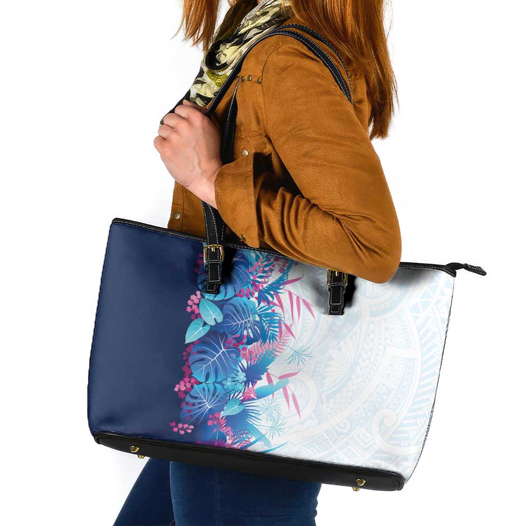 Hawaii Tropical Plant UliUli Leather Tote Bag Vibrant Polynesian Pattern LT01 Blue - Polynesian Pride