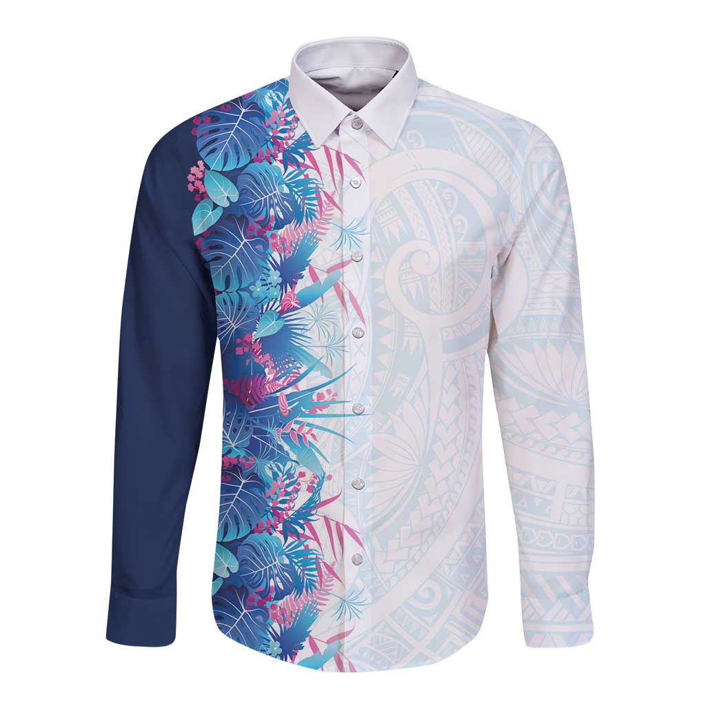 Hawaii Tropical Plant UliUli Long Sleeve Button Shirt Vibrant Polynesian Pattern LT01 Unisex Blue - Polynesian Pride