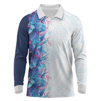 Hawaii Tropical Plant UliUli Long Sleeve Polo Shirt Vibrant Polynesian Pattern LT01 Blue - Polynesian Pride