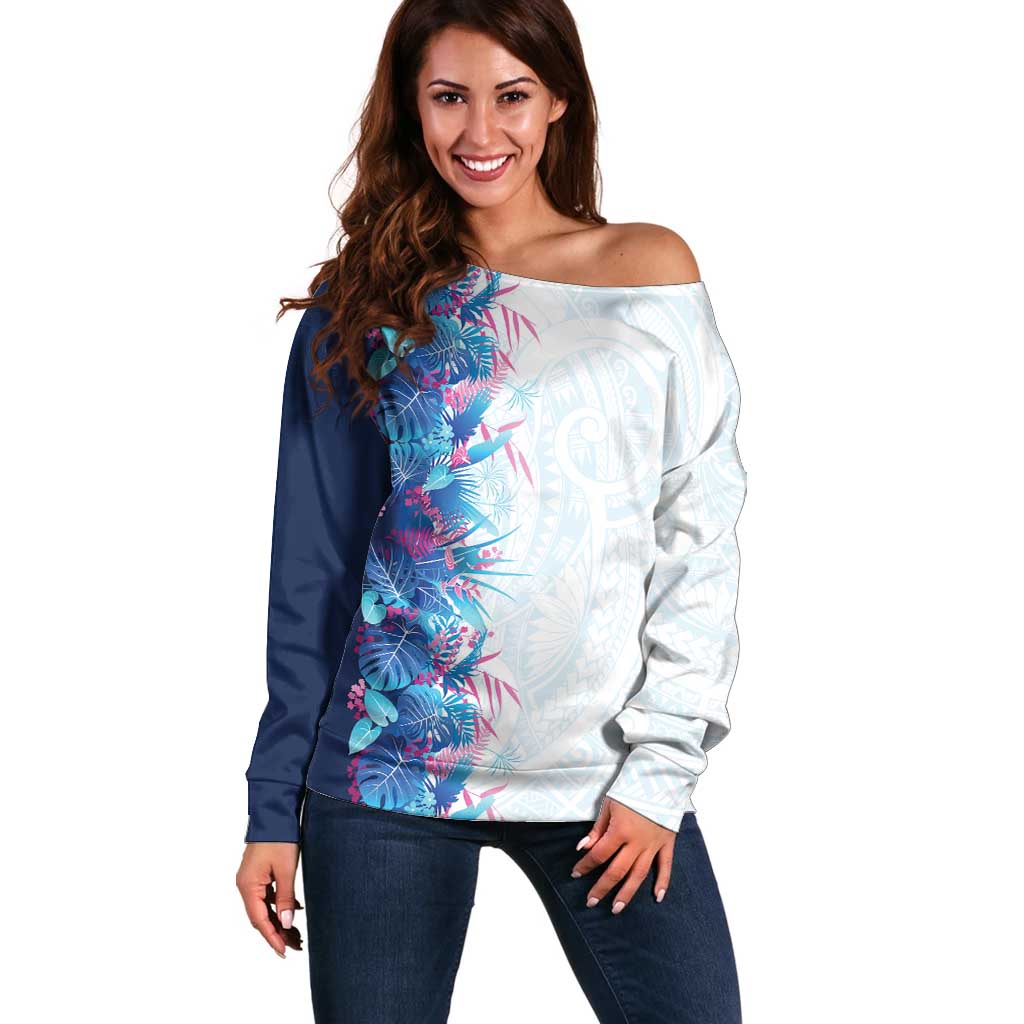 Hawaii Tropical Plant UliUli Off Shoulder Sweater Vibrant Polynesian Pattern LT01 Women Blue - Polynesian Pride