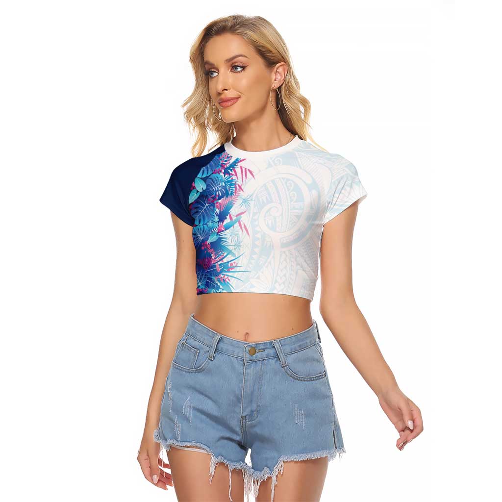 Hawaii Tropical Plant UliUli Raglan Cropped T Shirt Vibrant Polynesian Pattern LT01 Female Blue - Polynesian Pride