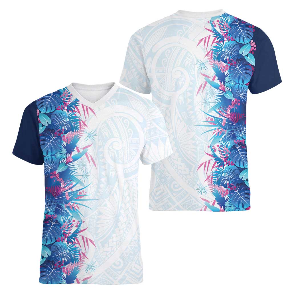 Hawaii Tropical Plant UliUli Women V-Neck T-Shirt Vibrant Polynesian Pattern