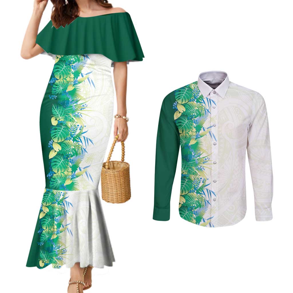 Hawaii Tropical Plant Omaomao Couples Matching Mermaid Dress and Long Sleeve Button Shirt Vibrant Polynesian Pattern LT01 Green - Polynesian Pride