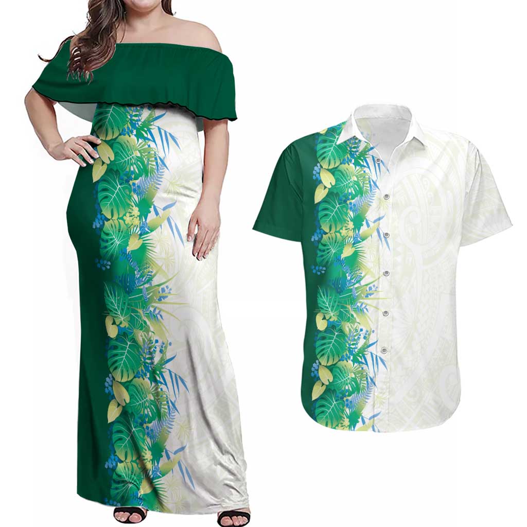 Hawaii Tropical Plant Omaomao Couples Matching Off Shoulder Maxi Dress and Hawaiian Shirt Vibrant Polynesian Pattern LT01 Green - Polynesian Pride