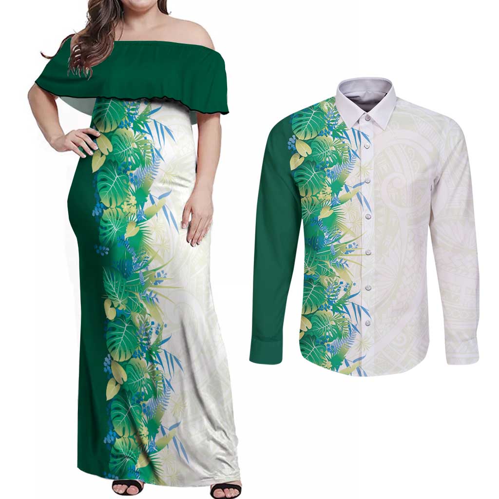 Hawaii Tropical Plant Omaomao Couples Matching Off Shoulder Maxi Dress and Long Sleeve Button Shirt Vibrant Polynesian Pattern