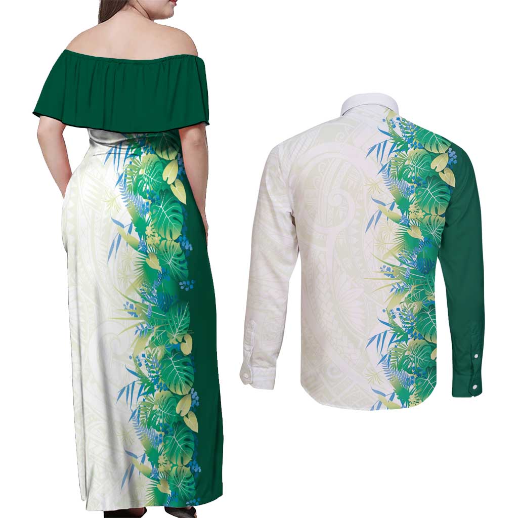 Hawaii Tropical Plant Omaomao Couples Matching Off Shoulder Maxi Dress and Long Sleeve Button Shirt Vibrant Polynesian Pattern