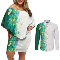 Hawaii Tropical Plant Omaomao Couples Matching Off Shoulder Short Dress and Long Sleeve Button Shirt Vibrant Polynesian Pattern LT01 Green - Polynesian Pride