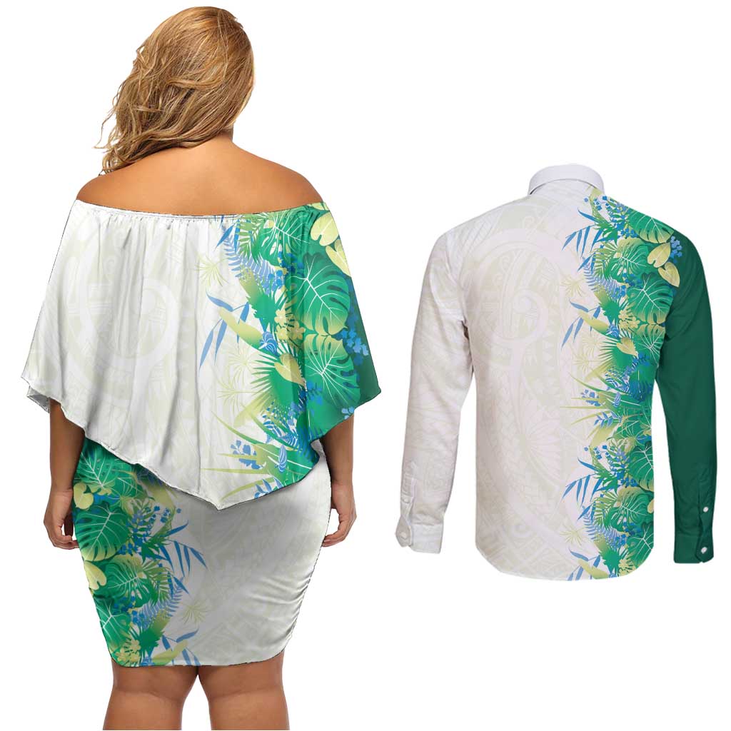 Hawaii Tropical Plant Omaomao Couples Matching Off Shoulder Short Dress and Long Sleeve Button Shirt Vibrant Polynesian Pattern LT01 - Polynesian Pride