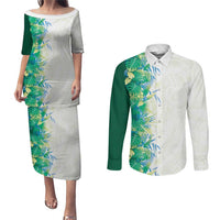 Hawaii Tropical Plant Omaomao Couples Matching Puletasi and Long Sleeve Button Shirt Vibrant Polynesian Pattern LT01 Green - Polynesian Pride
