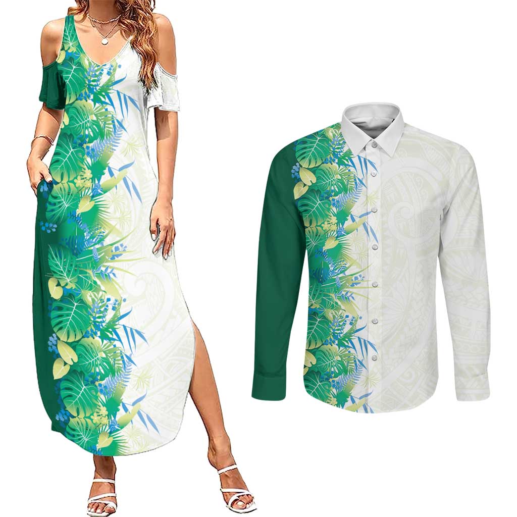 Hawaii Tropical Plant Omaomao Couples Matching Summer Maxi Dress and Long Sleeve Button Shirt Vibrant Polynesian Pattern LT01 Green - Polynesian Pride