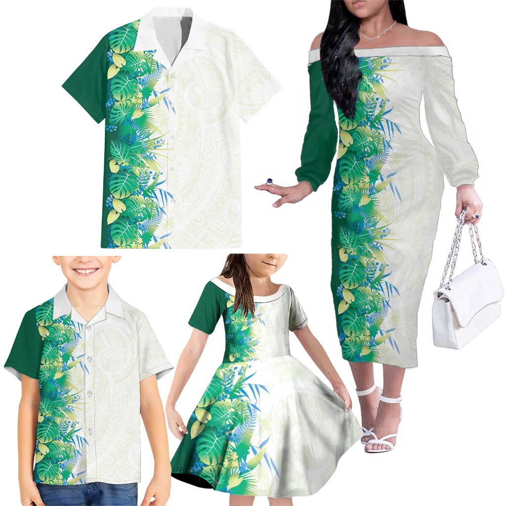 Hawaii Tropical Plant Omaomao Family Matching Off The Shoulder Long Sleeve Dress and Hawaiian Shirt Vibrant Polynesian Pattern
