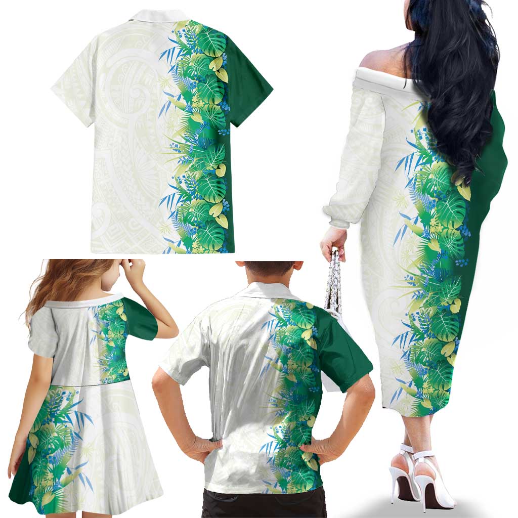 Hawaii Tropical Plant Omaomao Family Matching Off The Shoulder Long Sleeve Dress and Hawaiian Shirt Vibrant Polynesian Pattern