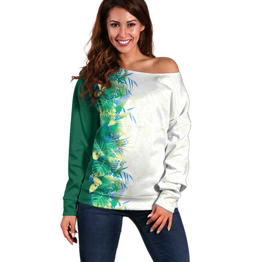 Hawaii Tropical Plant Omaomao Off Shoulder Sweater Vibrant Polynesian Pattern LT01 Women Green - Polynesian Pride
