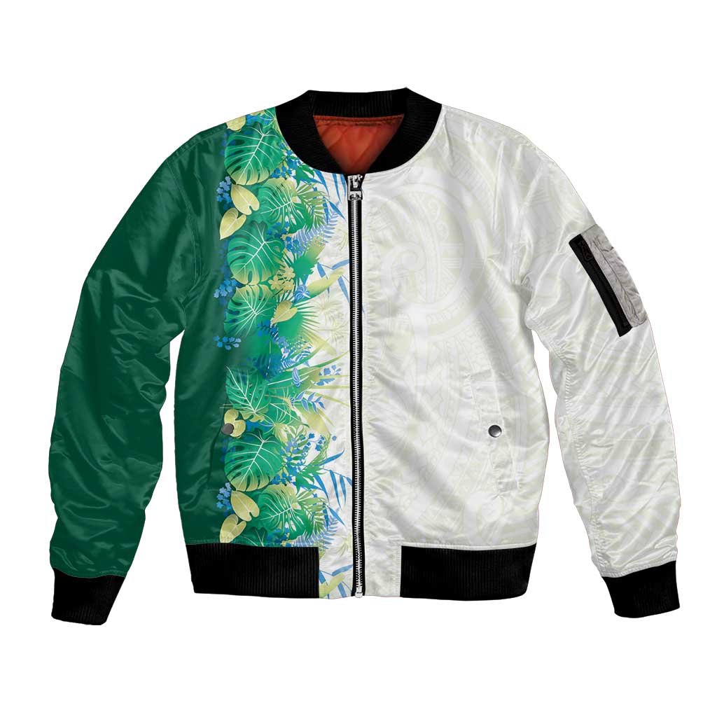 Hawaii Tropical Plant Omaomao Sleeve Zip Bomber Jacket Vibrant Polynesian Pattern