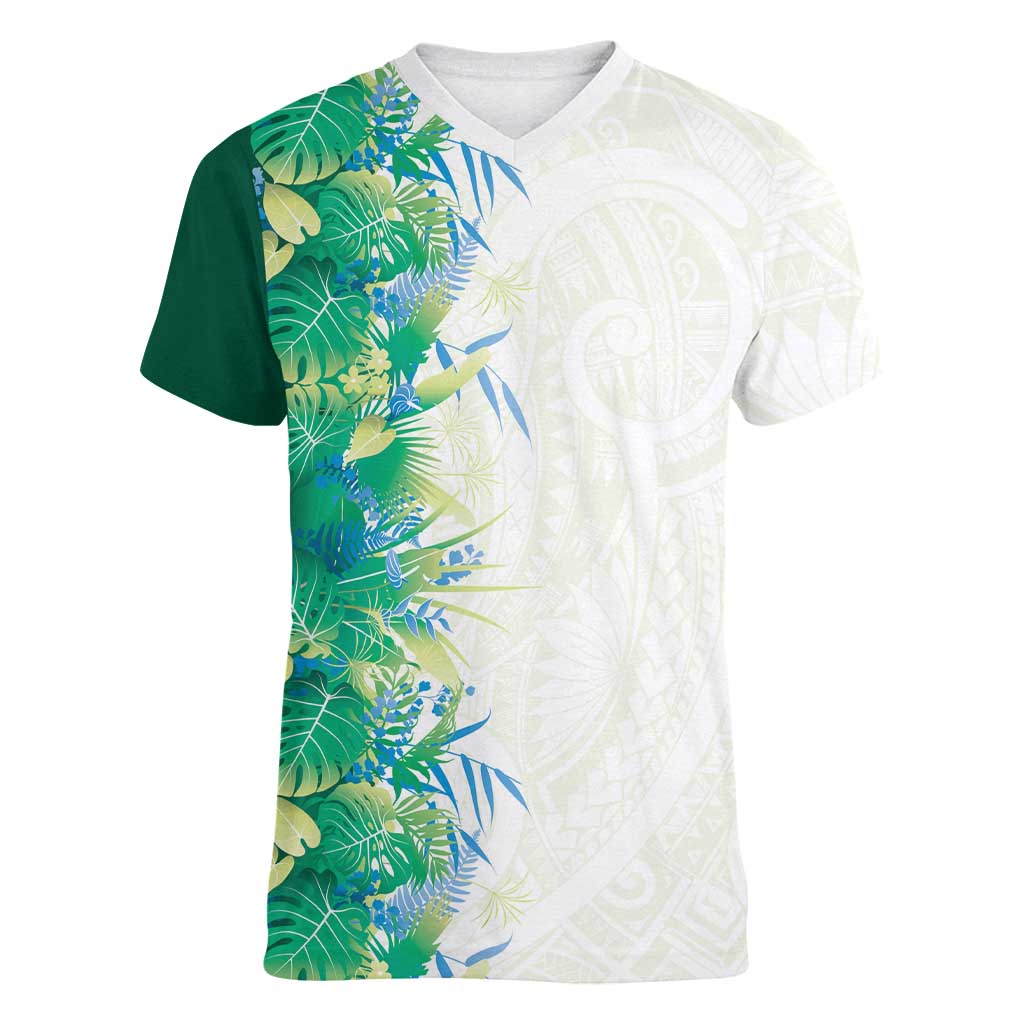 Hawaii Tropical Plant Omaomao Women V-Neck T-Shirt Vibrant Polynesian Pattern LT01 Female Green - Polynesian Pride