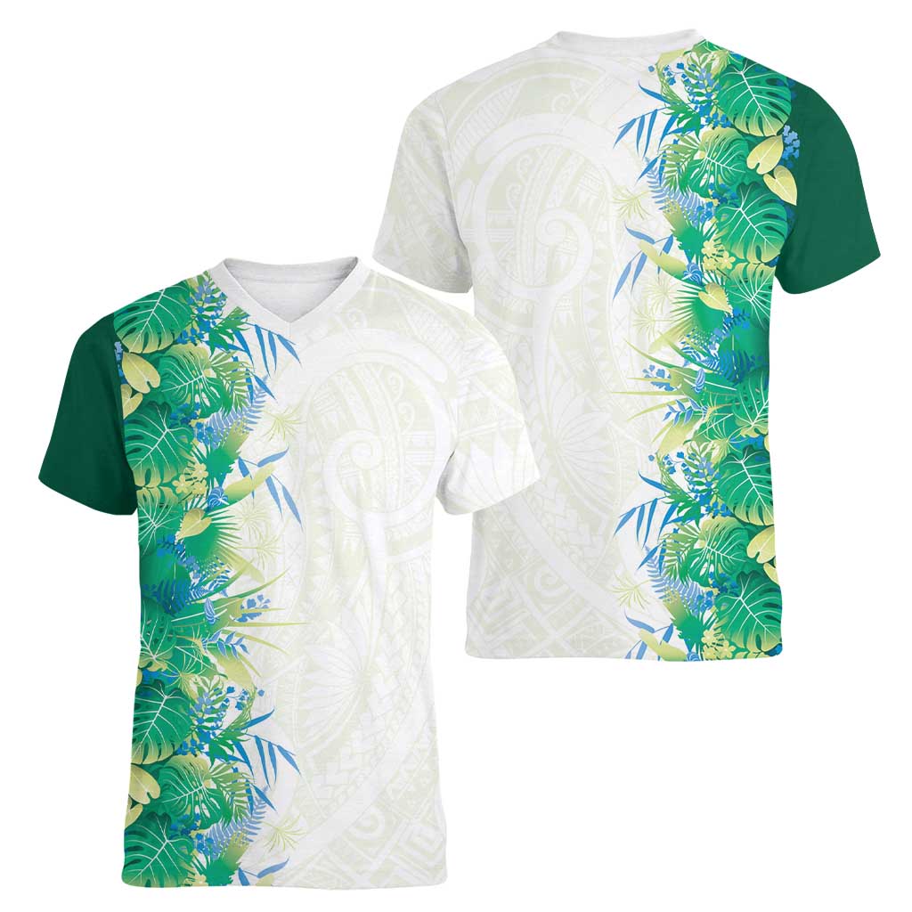 Hawaii Tropical Plant Omaomao Women V-Neck T-Shirt Vibrant Polynesian Pattern