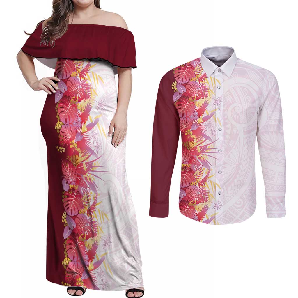 Hawaii Tropical Plant Akala Couples Matching Off Shoulder Maxi Dress and Long Sleeve Button Shirt Vibrant Polynesian Pattern LT01 Pink - Polynesian Pride
