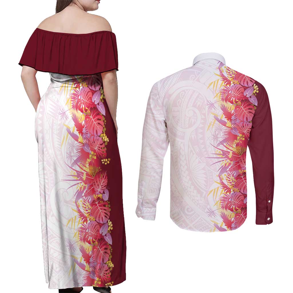 Hawaii Tropical Plant Akala Couples Matching Off Shoulder Maxi Dress and Long Sleeve Button Shirt Vibrant Polynesian Pattern LT01 - Polynesian Pride