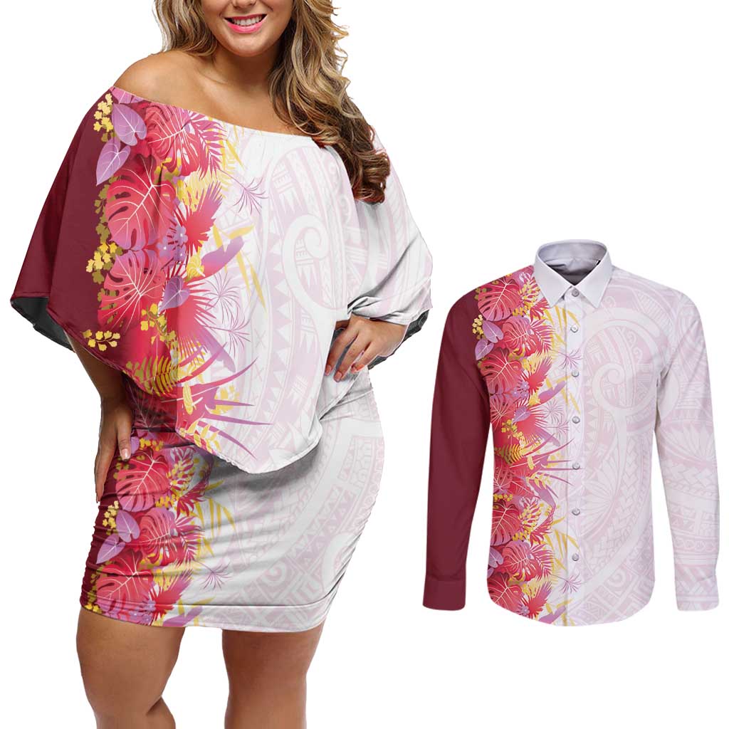 Hawaii Tropical Plant Akala Couples Matching Off Shoulder Short Dress and Long Sleeve Button Shirt Vibrant Polynesian Pattern LT01 Pink - Polynesian Pride