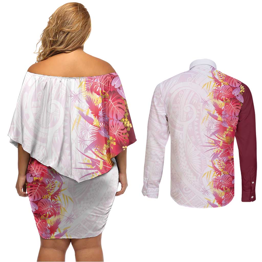Hawaii Tropical Plant Akala Couples Matching Off Shoulder Short Dress and Long Sleeve Button Shirt Vibrant Polynesian Pattern LT01 - Polynesian Pride