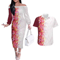 Hawaii Tropical Plant Akala Couples Matching Off The Shoulder Long Sleeve Dress and Hawaiian Shirt Vibrant Polynesian Pattern LT01 Pink - Polynesian Pride