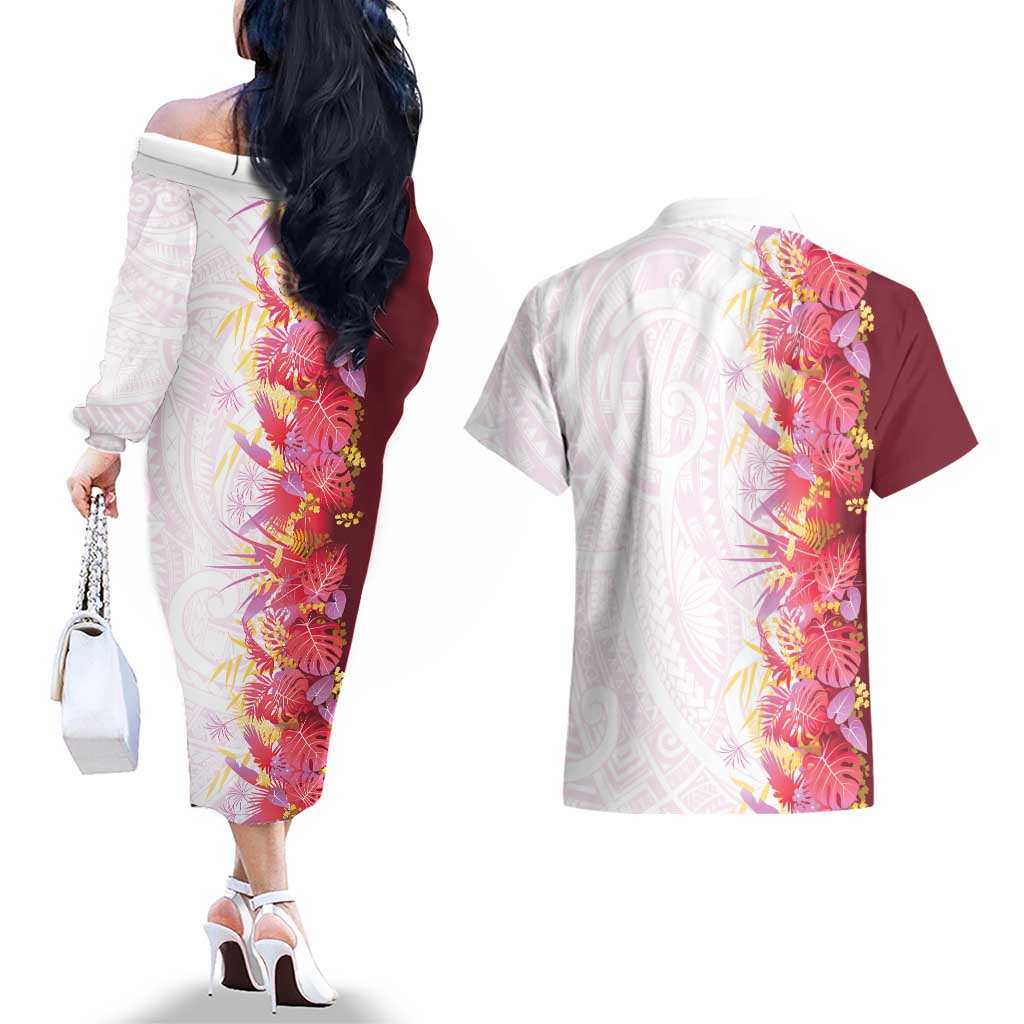Hawaii Tropical Plant Akala Couples Matching Off The Shoulder Long Sleeve Dress and Hawaiian Shirt Vibrant Polynesian Pattern LT01 - Polynesian Pride