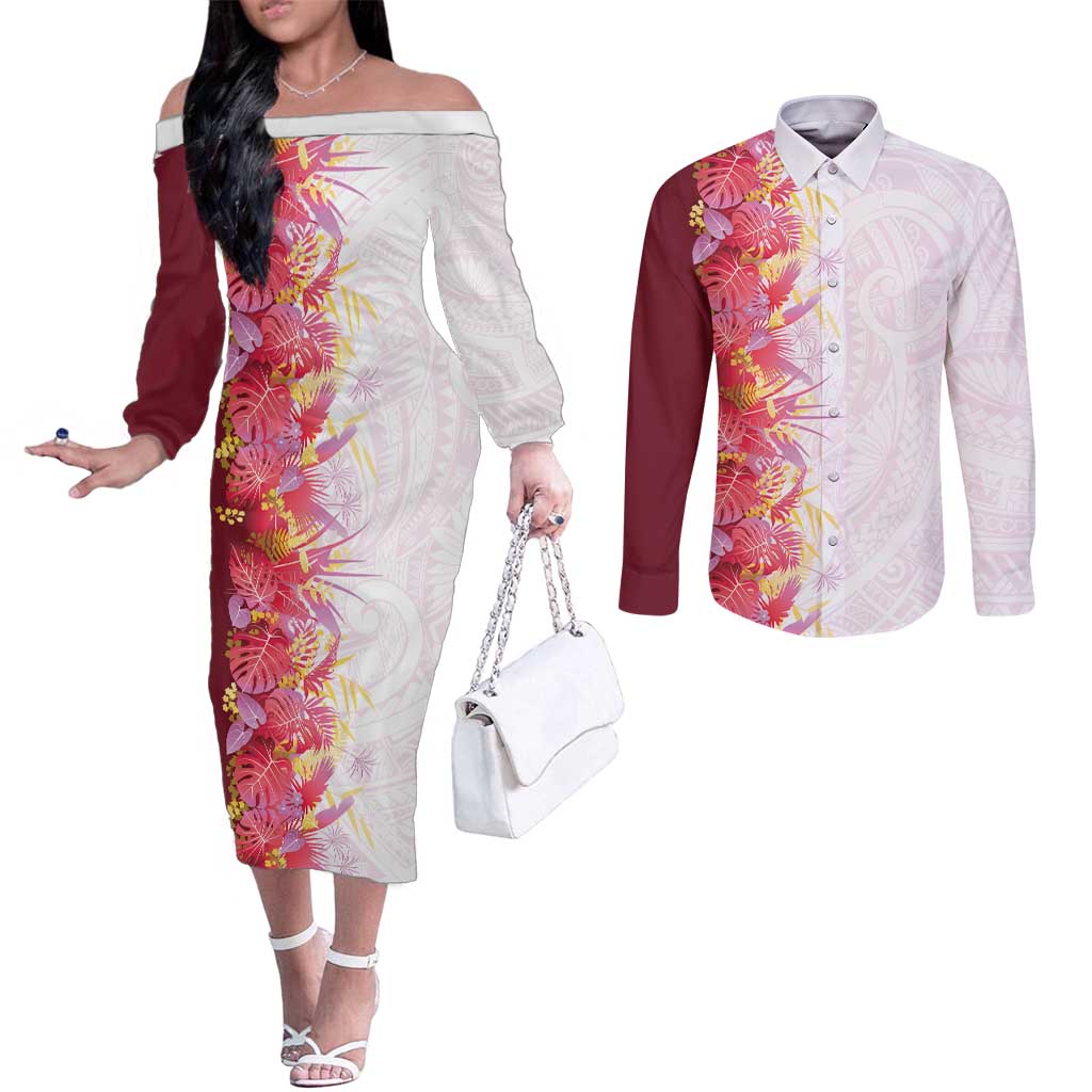 Hawaii Tropical Plant Akala Couples Matching Off The Shoulder Long Sleeve Dress and Long Sleeve Button Shirt Vibrant Polynesian Pattern LT01 Pink - Polynesian Pride