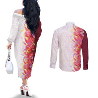 Hawaii Tropical Plant Akala Couples Matching Off The Shoulder Long Sleeve Dress and Long Sleeve Button Shirt Vibrant Polynesian Pattern LT01 - Polynesian Pride