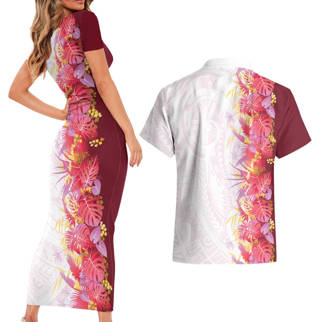 Hawaii Tropical Plant Akala Couples Matching Short Sleeve Bodycon Dress and Hawaiian Shirt Vibrant Polynesian Pattern LT01 - Polynesian Pride