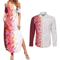 Hawaii Tropical Plant Akala Couples Matching Summer Maxi Dress and Long Sleeve Button Shirt Vibrant Polynesian Pattern LT01 Pink - Polynesian Pride