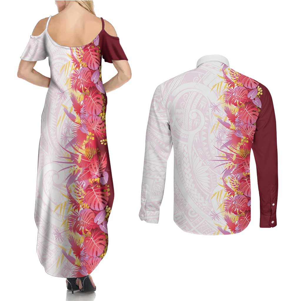 Hawaii Tropical Plant Akala Couples Matching Summer Maxi Dress and Long Sleeve Button Shirt Vibrant Polynesian Pattern LT01 - Polynesian Pride