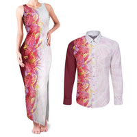 Hawaii Tropical Plant Akala Couples Matching Tank Maxi Dress and Long Sleeve Button Shirt Vibrant Polynesian Pattern LT01 Pink - Polynesian Pride
