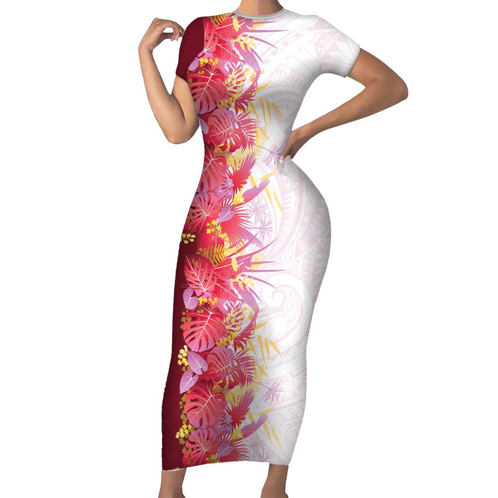 Hawaii Tropical Plant Akala Family Matching Short Sleeve Bodycon Dress and Hawaiian Shirt Vibrant Polynesian Pattern